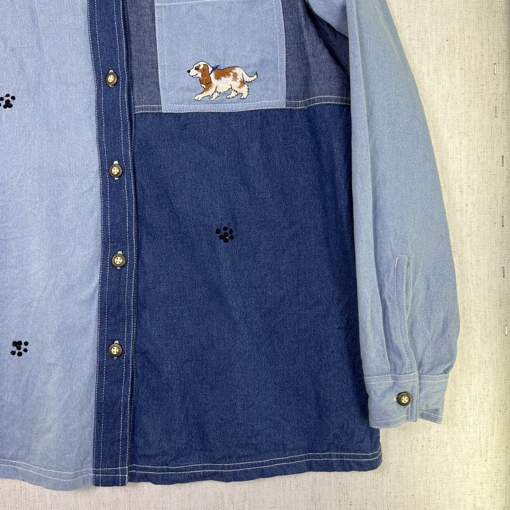 VTG Blair Embroidered Denim L/S Shirt Dog Lover Patchwork Women's Medium Y2K - Picture 5 of 9